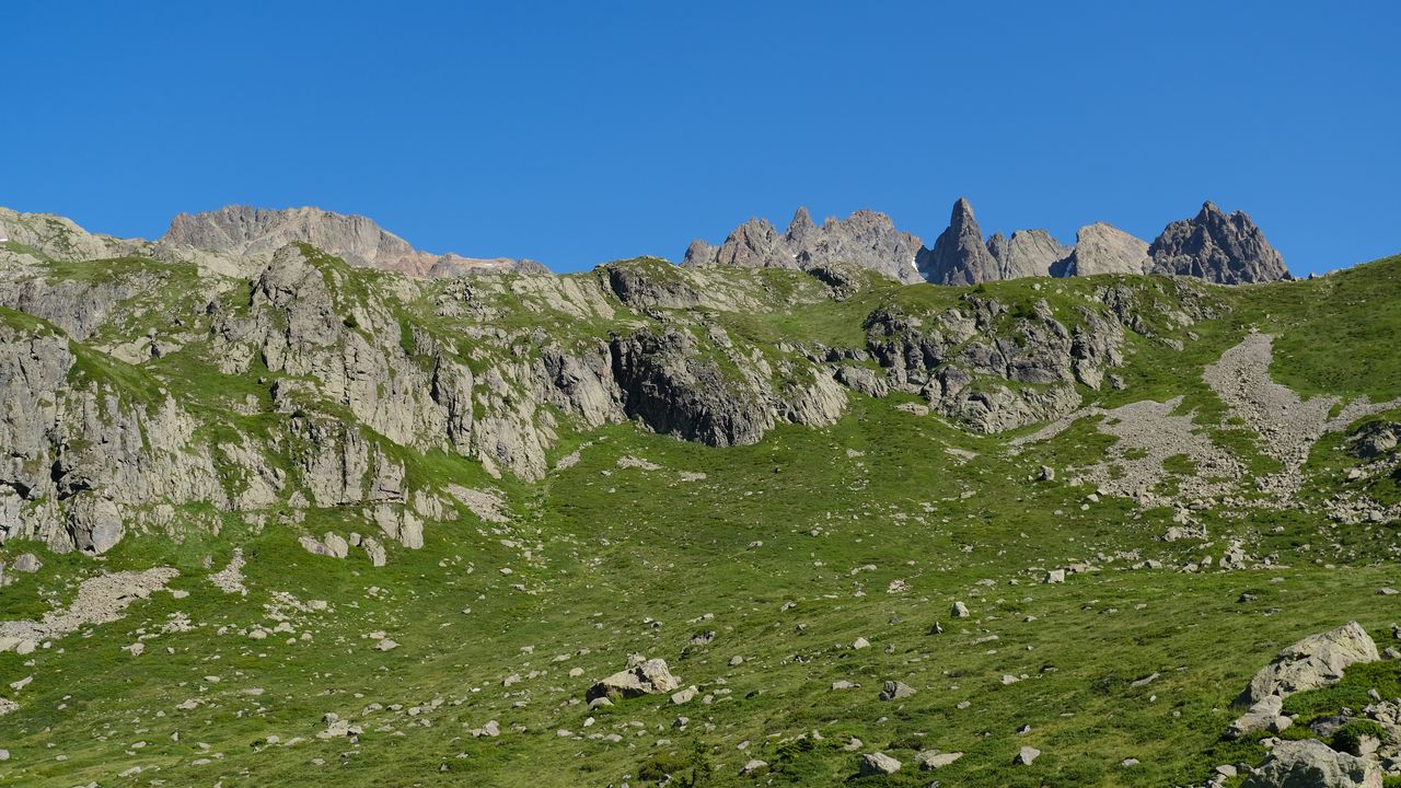 Wallpaper rocks, stones, mountains, grass, sky, slope