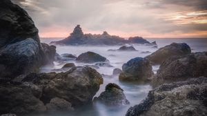 Preview wallpaper rocks, stones, ocean, fog, landscape