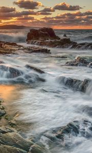 Preview wallpaper rocks, stones, reefs, sea, waves, sunset