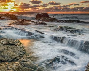 Preview wallpaper rocks, stones, reefs, sea, waves, sunset