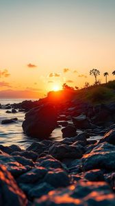 Preview wallpaper rocks, stones, sea, sunset, landscape, nature