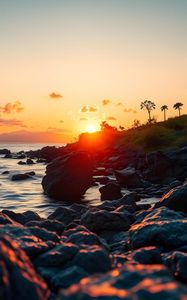 Preview wallpaper rocks, stones, sea, sunset, landscape, nature