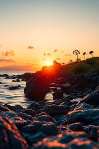 Preview wallpaper rocks, stones, sea, sunset, landscape, nature