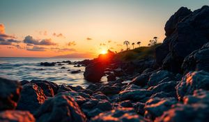 Preview wallpaper rocks, stones, sea, sunset, landscape, nature