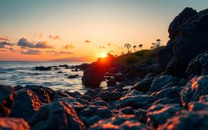 Preview wallpaper rocks, stones, sea, sunset, landscape, nature