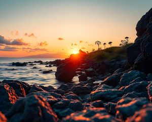 Preview wallpaper rocks, stones, sea, sunset, landscape, nature