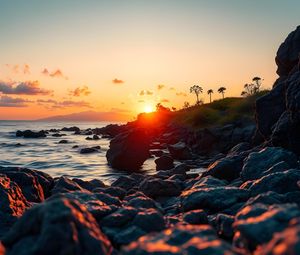 Preview wallpaper rocks, stones, sea, sunset, landscape, nature