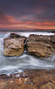 Preview wallpaper rocks, stones, sea, waves, surf, sunset