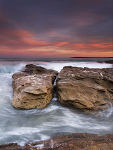 Preview wallpaper rocks, stones, sea, waves, surf, sunset