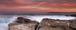 Preview wallpaper rocks, stones, sea, waves, surf, sunset