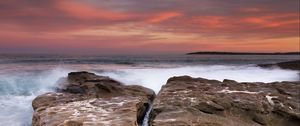 Preview wallpaper rocks, stones, sea, waves, surf, sunset