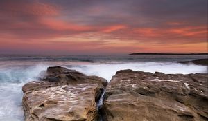 Preview wallpaper rocks, stones, sea, waves, surf, sunset