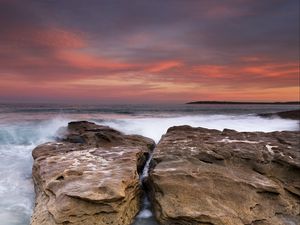 Preview wallpaper rocks, stones, sea, waves, surf, sunset