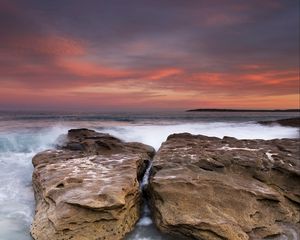 Preview wallpaper rocks, stones, sea, waves, surf, sunset