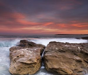 Preview wallpaper rocks, stones, sea, waves, surf, sunset