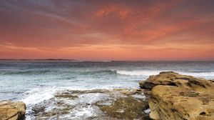 Preview wallpaper rocks, stones, sea, horizon, sunset