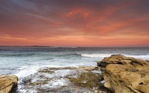 Preview wallpaper rocks, stones, sea, horizon, sunset