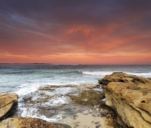 Preview wallpaper rocks, stones, sea, horizon, sunset
