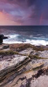 Preview wallpaper rocks, stones, sea, horizon, evening