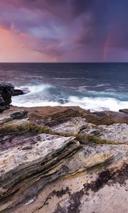 Preview wallpaper rocks, stones, sea, horizon, evening