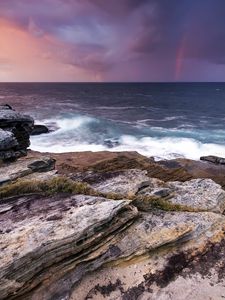 Preview wallpaper rocks, stones, sea, horizon, evening