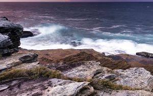 Preview wallpaper rocks, stones, sea, horizon, evening