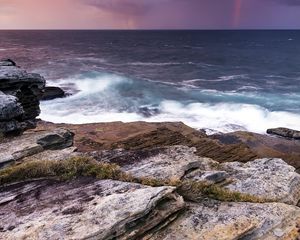 Preview wallpaper rocks, stones, sea, horizon, evening