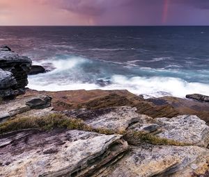 Preview wallpaper rocks, stones, sea, horizon, evening