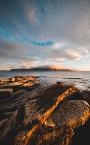 Preview wallpaper rocks, stones, sea, fog, clouds, horizon