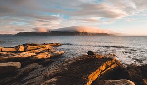 Preview wallpaper rocks, stones, sea, fog, clouds, horizon