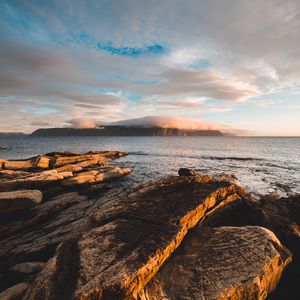 Preview wallpaper rocks, stones, sea, fog, clouds, horizon