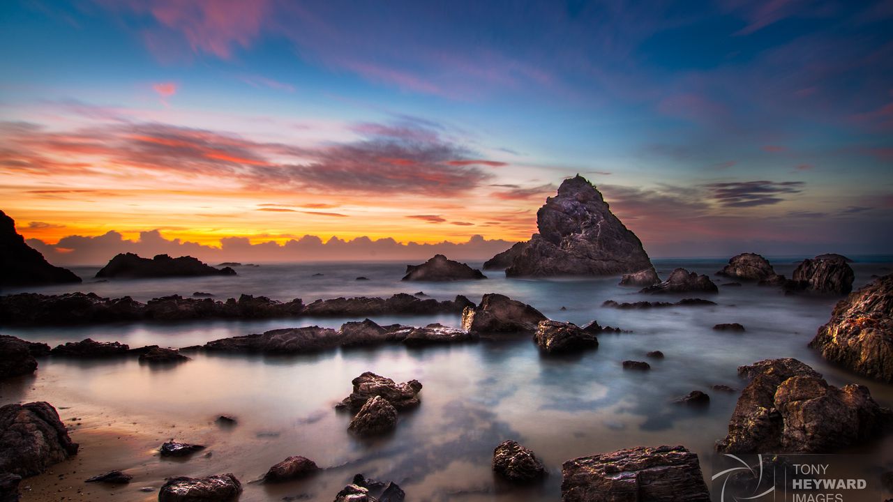 Wallpaper rocks, stones, sea, clouds, sunrise hd, picture, image