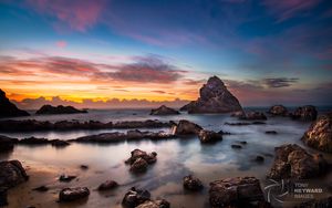 Preview wallpaper rocks, stones, sea, clouds, sunrise