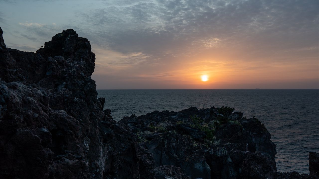 Wallpaper rocks, stones, sunset, sun, ocean