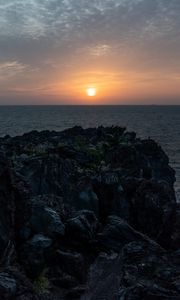 Preview wallpaper rocks, stones, sunset, sun, ocean