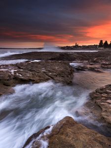 Preview wallpaper rocks, stones, surf, sea, sunset