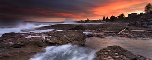 Preview wallpaper rocks, stones, surf, sea, sunset