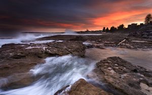 Preview wallpaper rocks, stones, surf, sea, sunset