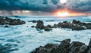 Preview wallpaper rocks, sun, sea, surf