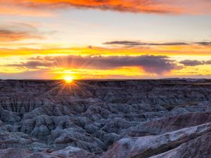 Preview wallpaper rocks, sunset, dusk, sun, rays