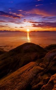 Preview wallpaper rocks, sunset, sea, horizon, norway