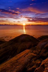 Preview wallpaper rocks, sunset, sea, horizon, norway