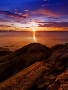 Preview wallpaper rocks, sunset, sea, horizon, norway