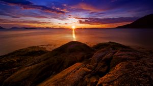 Preview wallpaper rocks, sunset, sea, horizon, norway