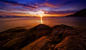 Preview wallpaper rocks, sunset, sea, horizon, norway