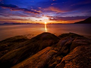 Preview wallpaper rocks, sunset, sea, horizon, norway