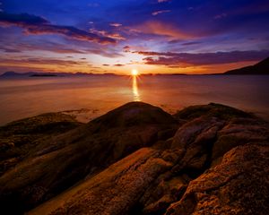 Preview wallpaper rocks, sunset, sea, horizon, norway