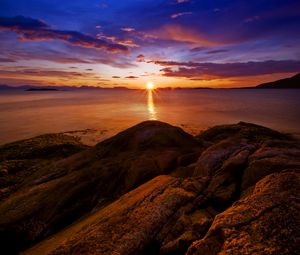 Preview wallpaper rocks, sunset, sea, horizon, norway