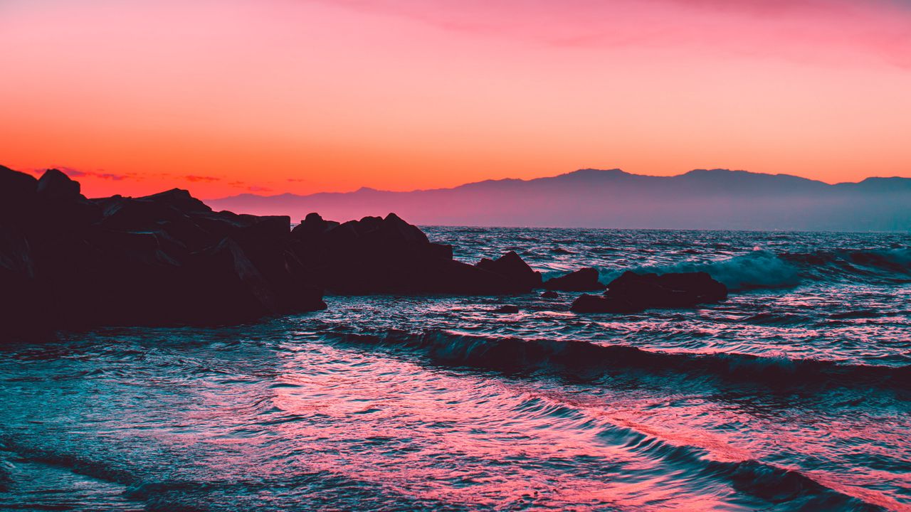 Wallpaper rocks, sunset, sea, waves