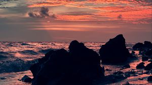 Preview wallpaper rocks, sunset, sea, waves, sky